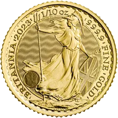 Vorderseite Goldmünze 1/10 Unze Britannia 2023 Elizabeth II., der Hersteller Royal Mint