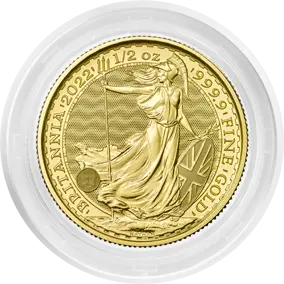 Vorderseite in Kapsel, Goldmünze 1/2 Unze Britannia 2023, Hersteller Royal Mint Elizabeth II. 