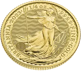 Obenansicht Goldmünze 1/4 Unze Britannia Elizabeth II. 2023, der Hersteller Royal Mint