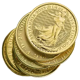 Hersteller Royal Mint, Stapel Goldmünzen 1/4 Unze Britannia 2023 Elizabeth II.