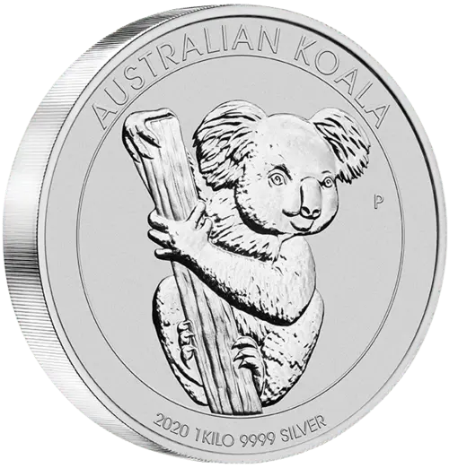 Vorderseite und Rand  1 kg Silber Australian Koala 2020 von Hersteller Perth Mint Australien