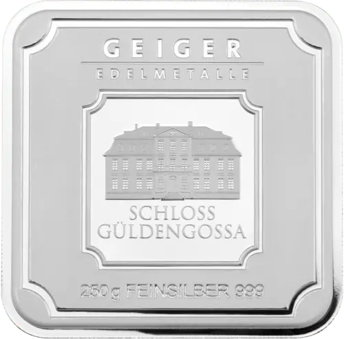 Vorderseite des 250 g Silberbarren Geiger original von Hersteller Geiger Edelmetalle AG