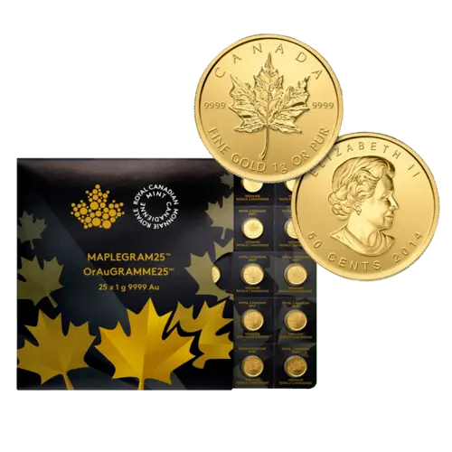 Vorderseite und Rückseite Goldmünze 1/25 Unze Maplegram Maple Leaf in spezieller Blisterkarte mit Zertifikat, der Hersteller Royal Canadian Mint	