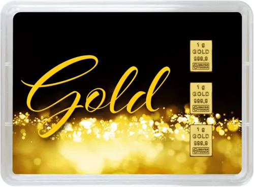 Rückseite Geschenkgoldbarren Frohes Fest 3x1 Gramm, der Hersteller Valcambi