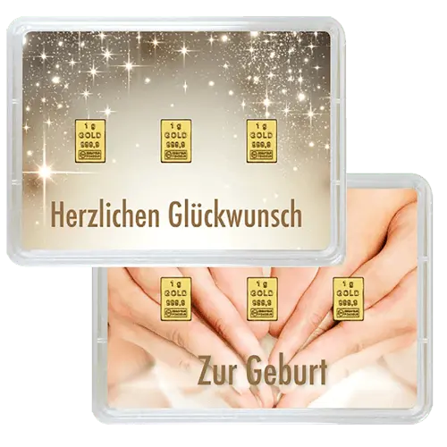 Vorderseite und Rückseite Geschenkgoldbarren Herzlichen Glückwunsch zur Geburt 3x1 Gramm, der Hersteller Valcambi