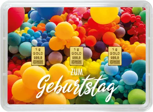 Vorderseite Geschenkgoldbarren Happy Birthday 3x1 Gramm, der Hersteller Valcambi