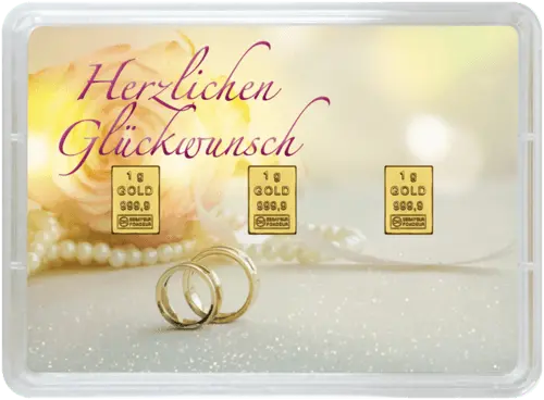 Vorderseite Geschenkgoldbarren Glückwunsch zur Hochzeit 3x1 Gramm, der Hersteller Valcambi