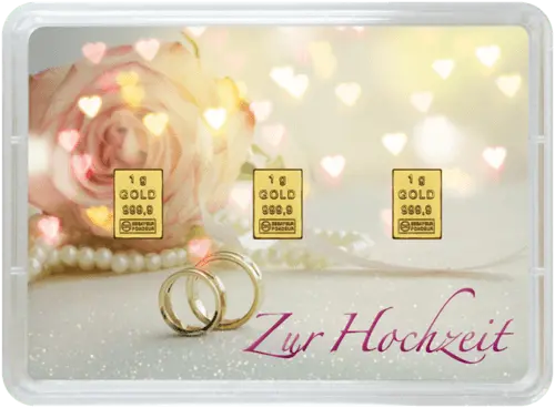 Rückseite Geschenkgoldbarren Glückwunsch zur Hochzeit 3x1 Gramm, der Hersteller Valcambi