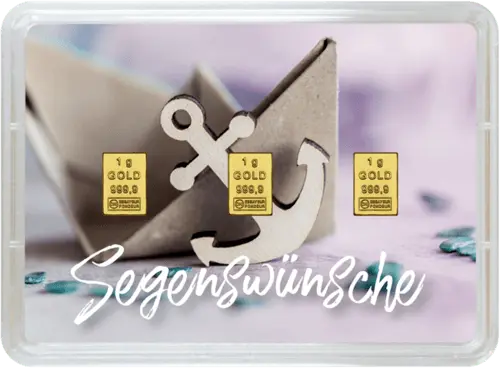 Vorderseite Geschenkgoldbarren Segenwünsche zur Taufe 3x1 Gramm, der Hersteller Valcambi