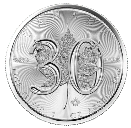 Vorderseite der 1 Unze Silber Maple Leaf 30th Anniversary 2018 von Hersteller Royal Canadian Mint