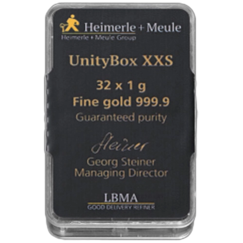 32 x 1 g Goldbarren UnityBox XXS Heimerle und Meule