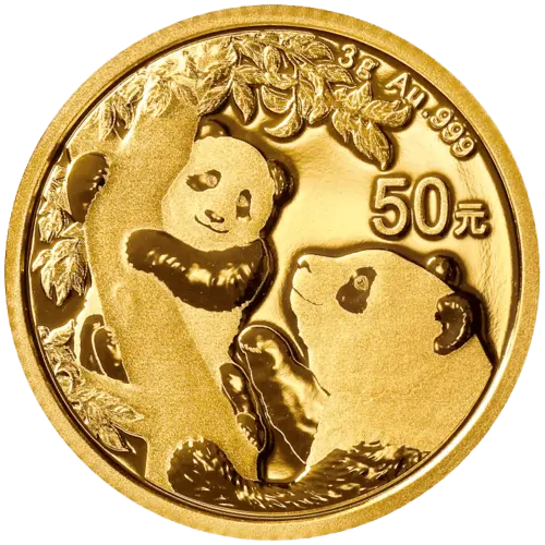 Vorderseite Goldmünze 3 Gramm China Panda 2021, der Hersteller China Mint / China Gold Coin Inc./ Shanghai Mint