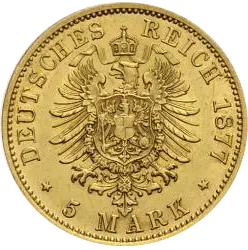 Vorderseite Goldmünze 1,79 Gramm 5 Mark Deutsches Kaiserreich, der Hersteller Diverse Münzprägestätten des Deutschen Kaiserreiches