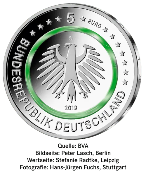 Rückseite der 5 Euro-Sammlermünze 2019 Gemäßigte Zone - Polierte Platte von Münze Deutschland