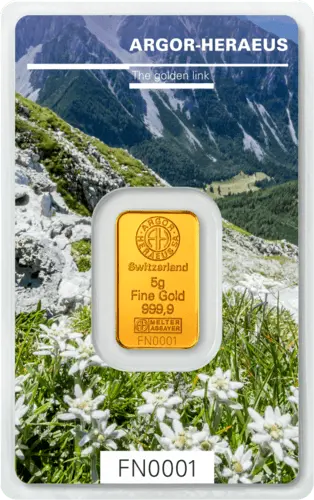 Vorderseite Goldbarren Following Nature Limited Edition Autumn 2019 5 Gramm, der Hersteller Argor-Heraeus