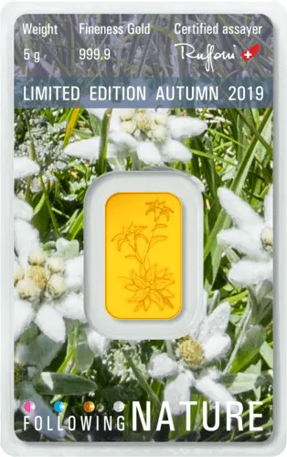 Rückseite Goldbarren Following Nature Limited Edition Autumn 2019 5 Gramm, der Hersteller Argor-Heraeus