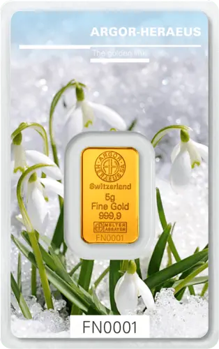 Vorderseite Goldbarren Following Nature Limited Edition Winter 2019/20 5 Gramm, der Hersteller Argor-Heraeus