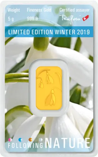 Rückseite Goldbarren Following Nature Limited Edition Winter 2019/20 5 Gramm, der Hersteller Argor-Heraeus