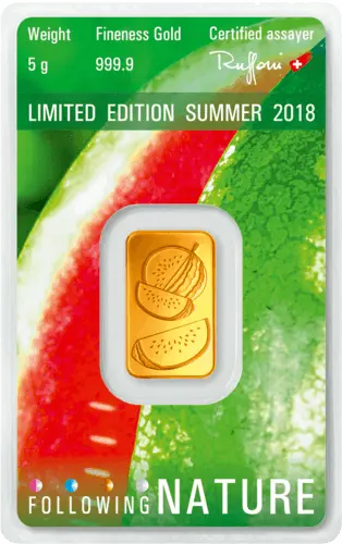 Rückseite Goldbarren Following Nature Limited Edition Summer 2018 5 Gramm, der Hersteller Argor-Heraeus