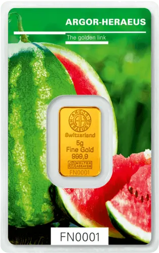 Vorderseite Goldbarren Following Nature Limited Edition Summer 2018 5 Gramm, der Hersteller Argor-Heraeus