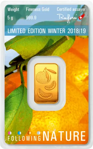 Rückseite Goldbarren Following Nature Limited Edition Winter 2018/19 5 Gramm, der Hersteller Argor-Heraeus