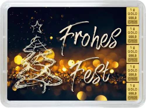 Vorderseite Geschenkgoldbarren Frohes Fest 5x1 Gramm, der Hersteller Valcambi