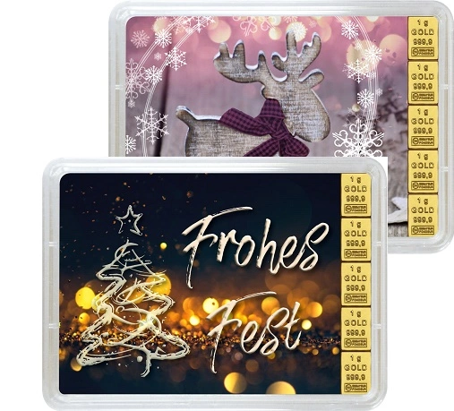 Vorderseite 2 Geschenkgoldbarren Frohes Fest 5x1 Gramm, der Hersteller Valcambi