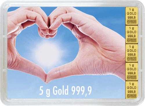 Vorderseite Geschenkgoldbarren 5x1 Gramm, der Hersteller Valcambi