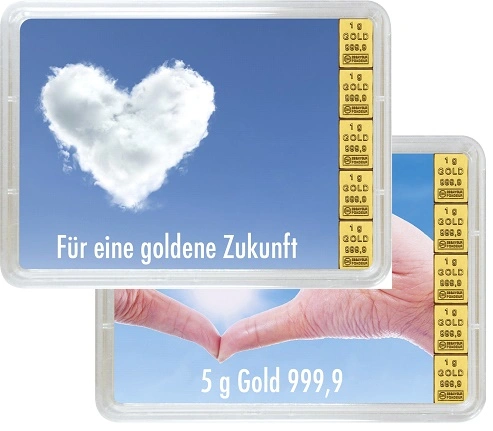 Vorderseiten Geschenkgoldbarren 5x1 Gramm, der Hersteller Valcambi