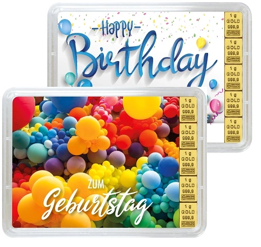 Vorderseite Geschenkgoldbarren Happy Birthday 5x1 Gramm, der Hersteller Valcambi