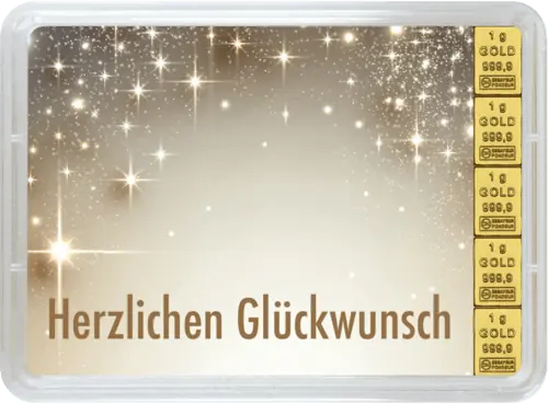 Vorderseite Geschenkgoldbarren Herzlichen Glückwunsch zur Geburt 5x1 Gramm, der Hersteller Valcambi