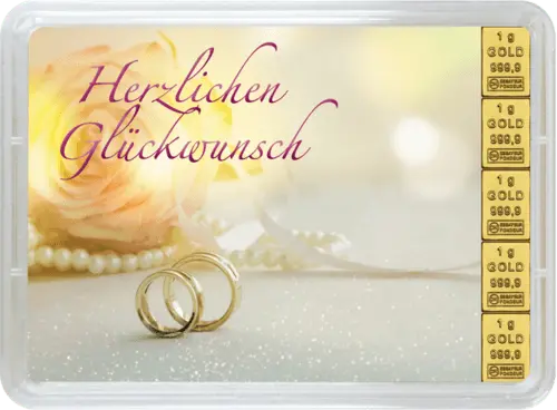 Vorderseite Geschenkgoldbarren Glückwunsch zur Hochzeit 5x1 Gramm, der Hersteller Valcambi