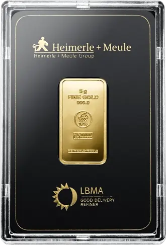 Vorderseite Goldbarren 5 Gramm in durchsichtigem Original Plastikblister eingeschweißt, der Hersteller Heimerle & Meule