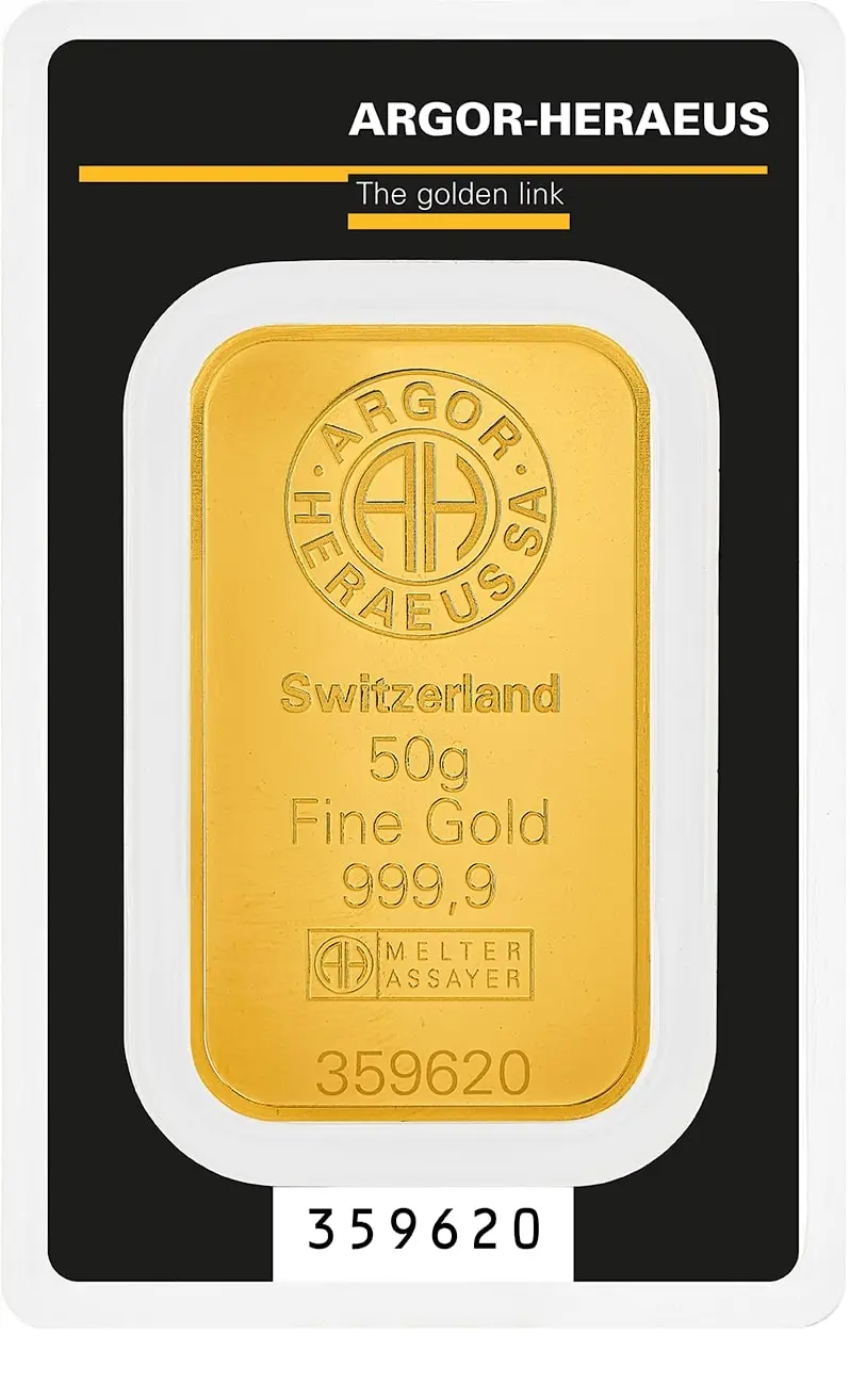 Vorderseite der 50 gram Goldbarren von Argor-Heraeus