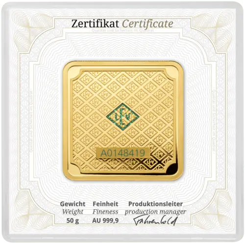 Rückseite Goldbarren original 50 Gramm in Sicherheitskapsel inkl. Echtheitszertifikat, der Hersteller Geiger Edelmetalle AG