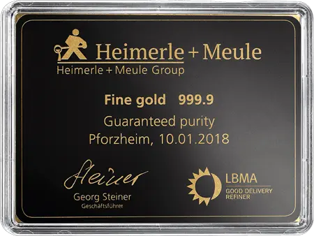 Rückseite Goldbarren 50 x 1 Gramm in Blisterkarte, der Hersteller Heimerle & Meule