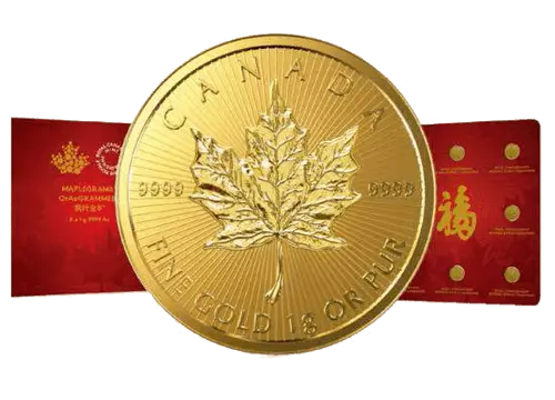 Vorderseite Goldmünze 8 x 1 Gramm Maplegram Maple Leaf in spezieller Blisterkarte mit Zertifikat, der Hersteller Royal Canadian Mint