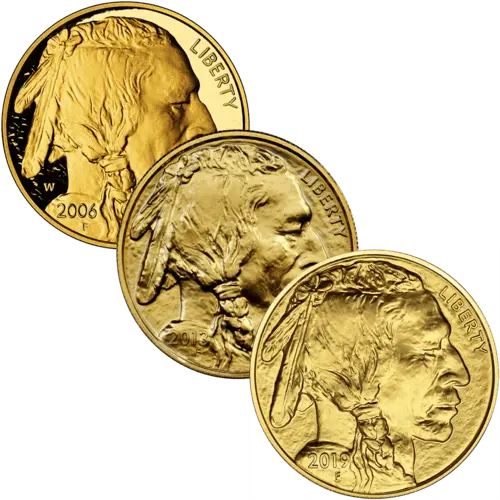 Vorderseite 3 Goldmünzen 1 Unze American Buffalo diverse Jahrgänge, der Hersteller United States Mint