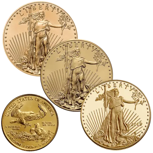 Vorderseite 3 Goldmünzen und Rückseite Goldmünze 1/10 Unze American Eagle diverse Jahrgänge, der Hersteller United States Mint