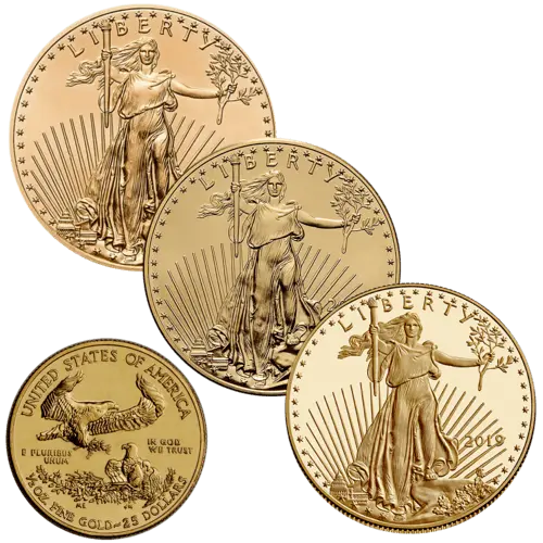 Vorderseite 3 Goldmünzen und Rückseite Goldmünze 1/2 Unze American Eagle diverse Jahrgänge, der Hersteller United States Mint