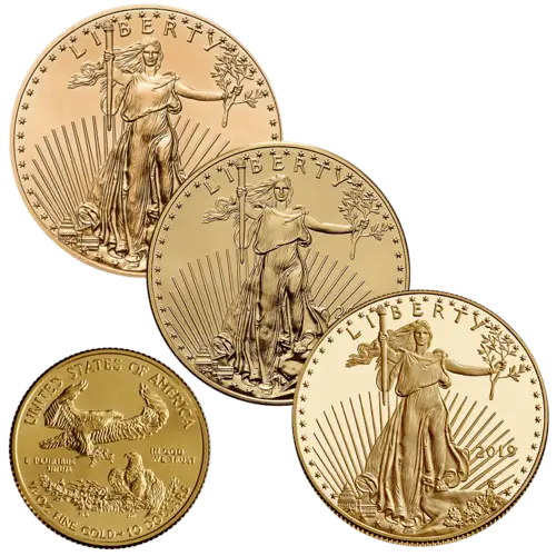 Vorderseite 3 Goldmünzen und Rückseite Goldmünze 1/4 Unze American Eagle diverse Jahrgänge, der Hersteller United States Mint