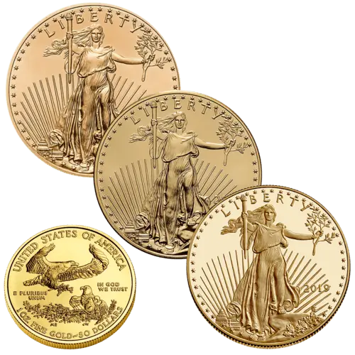 Vorderseite 3 Goldmünzen und Rückseite Goldmünze 1 Unze American Eagle diverse Jahrgänge, der Hersteller United States Mint