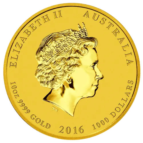 Rückseite Goldmünze 10 Unzen Lunar II Affe 2016, der Hersteller Perth Mint Australia