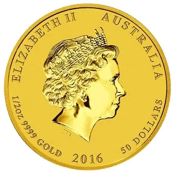 Rückseite Goldmünze 1/2 Unze Lunar II Affe 2016, der Hersteller Perth Mint Australia