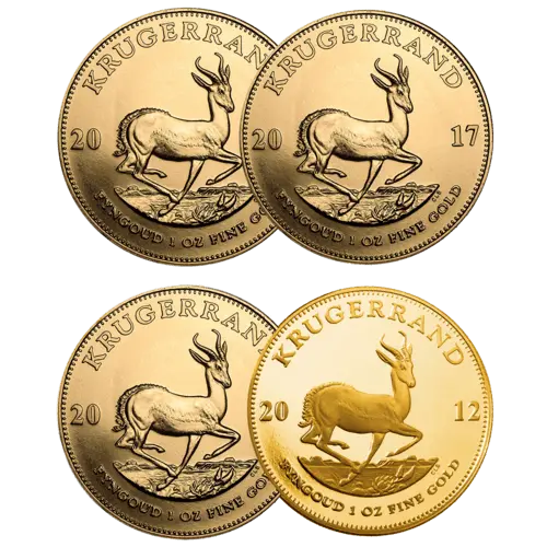 Vorderseite 4 Goldmünzen 1 Unze Krügerrand diverse Jahrgänge, der Hersteller South African Mint