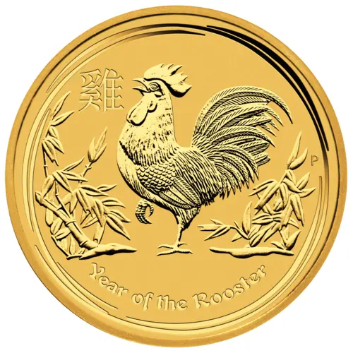 Vorderseite Goldmünze 1 Unze Lunar II Hahn 2017, der Hersteller Perth Mint Australia