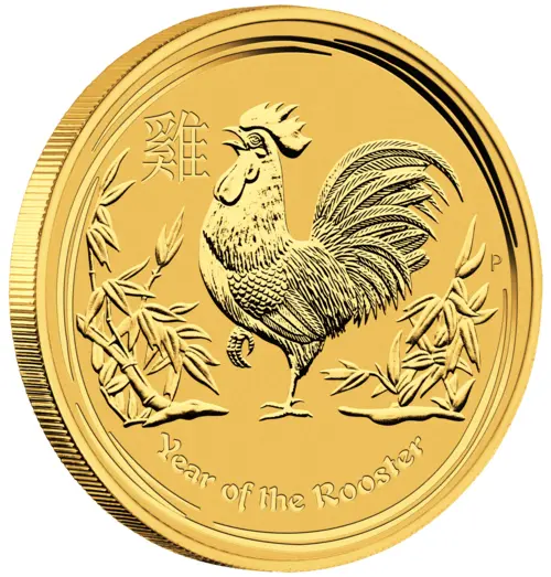 Seitenansicht Goldmünze 1/10 Unze Lunar II Hahn 2017, der Hersteller Perth Mint Australia