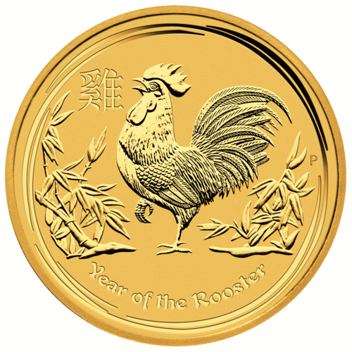 Vorderseite Goldmünze 2 Unzen Lunar II Hahn 2017, der Hersteller Perth Mint Australia