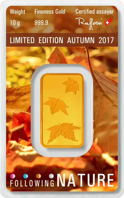 Rückseite Goldbarren 10 Gramm Following Nature Limited Edition Autumn 2017, der Hersteller Argor-Heraeus