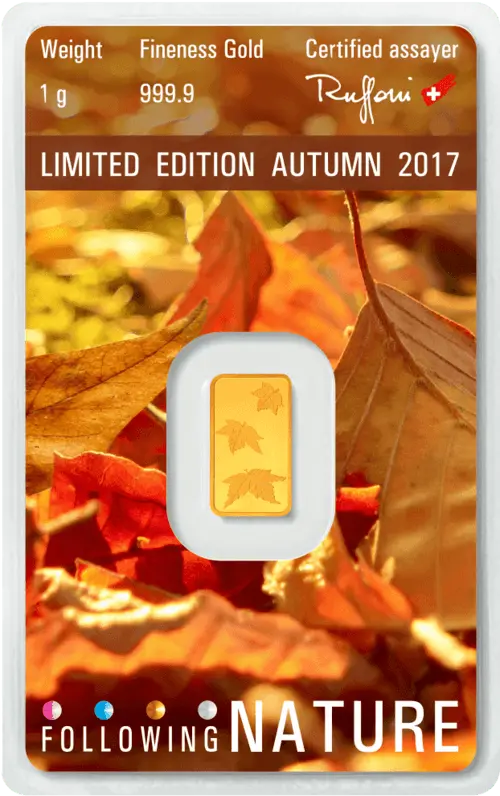 Rückseite Goldbarren Following Nature Limited Edition Autumn 2017 1 Gramm, der Hersteller Argor-Heraeus